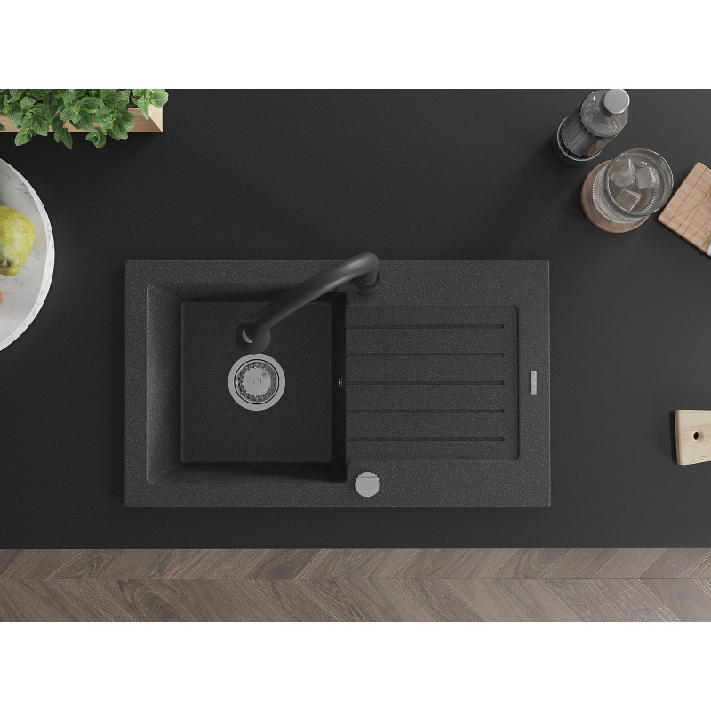 Mexen Pablo granite kitchen sink 1-bowl with drainer and kitchen faucet Elia, speckled black - 6510-76-670101-70