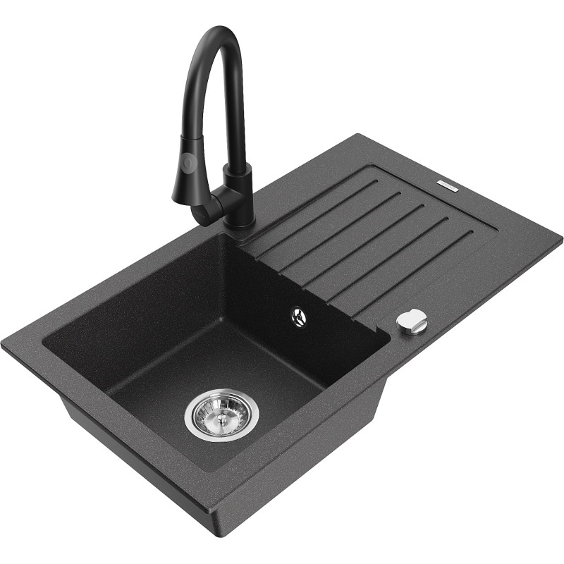 Mexen Pablo granite kitchen sink 1-bowl with drainer and kitchen faucet Elia, speckled black - 6510-76-670101-70
