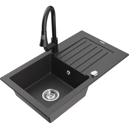 Mexen Pablo granite kitchen sink 1-bowl with drainer and kitchen faucet Elia, speckled black - 6510-76-670101-70