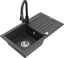 Mexen Pablo granite kitchen sink 1-bowl with drainer and kitchen faucet Elia, speckled black - 6510-76-670101-70