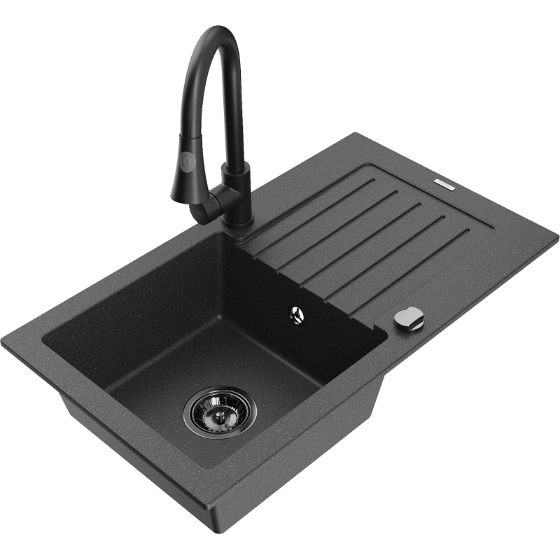 Mexen Pablo 1-compartment granite sink with a drip tray and kitchen mixer tap Elia, spotted black - 6510-76-670101-70-B