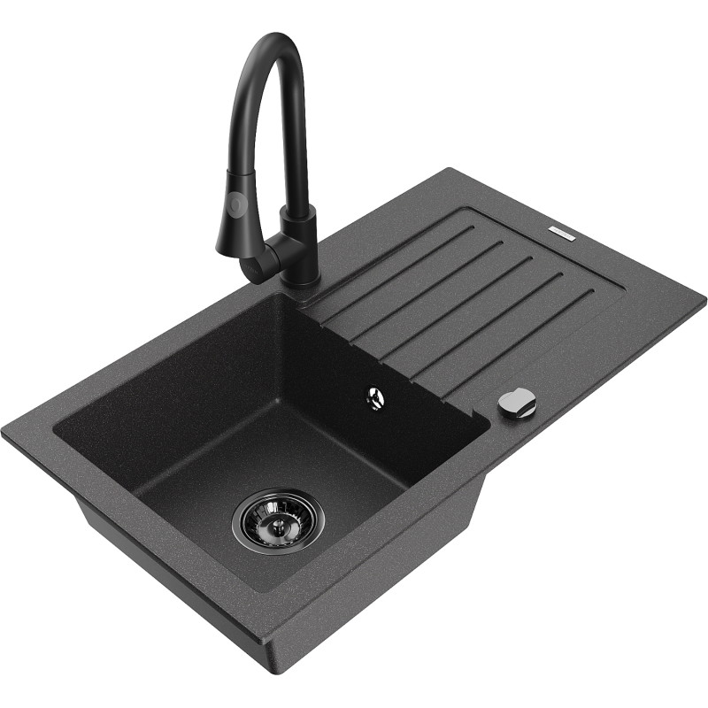 Mexen Pablo single-bowl granite sink with drainer and Elia kitchen faucet, speckled black - 6510-76-670101-70-B