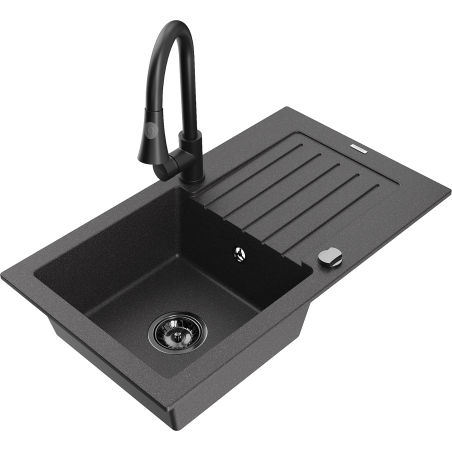 Mexen Pablo single-bowl granite sink with drainer and Elia kitchen faucet, speckled black - 6510-76-670101-70-B