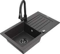 Mexen Pablo granite kitchen sink 1-bowl with drainer and kitchen faucet Elia, black speckled - 6510-76-670101-70-B
