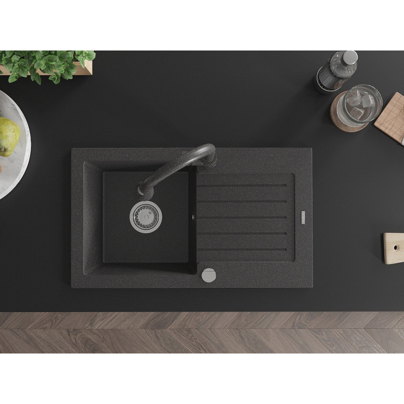 Mexen Pablo granite single-bowl kitchen sink with drainer and Elia kitchen faucet, black speckled - 6510-76-670101-76