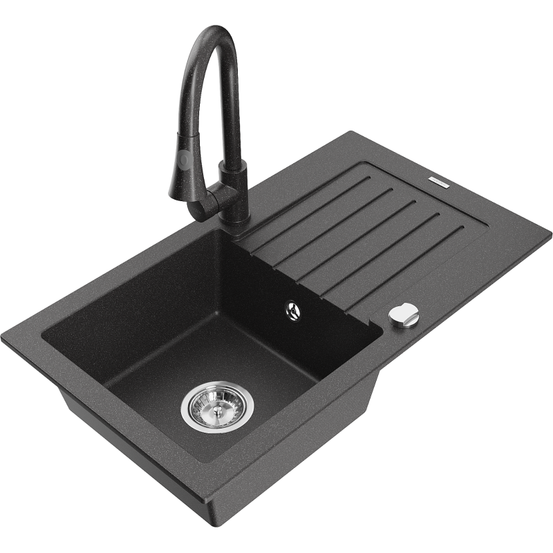 Mexen Pablo granite kitchen sink 1-bowl with drainer and Elia kitchen tap, black speckled - 6510-76-670101-76