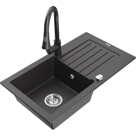Mexen Pablo 1-bowl granite kitchen sink with drainer and Elia kitchen faucet, speckled black - 6510-76-670101-76