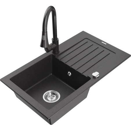 Mexen Pablo granite kitchen sink 1-bowl with drainer and Elia kitchen tap, black speckled - 6510-76-670101-76