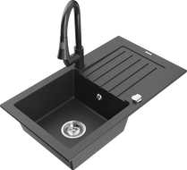 Mexen Pablo granite kitchen sink 1-bowl with drainer and Elia kitchen tap, black speckled - 6510-76-670101-76