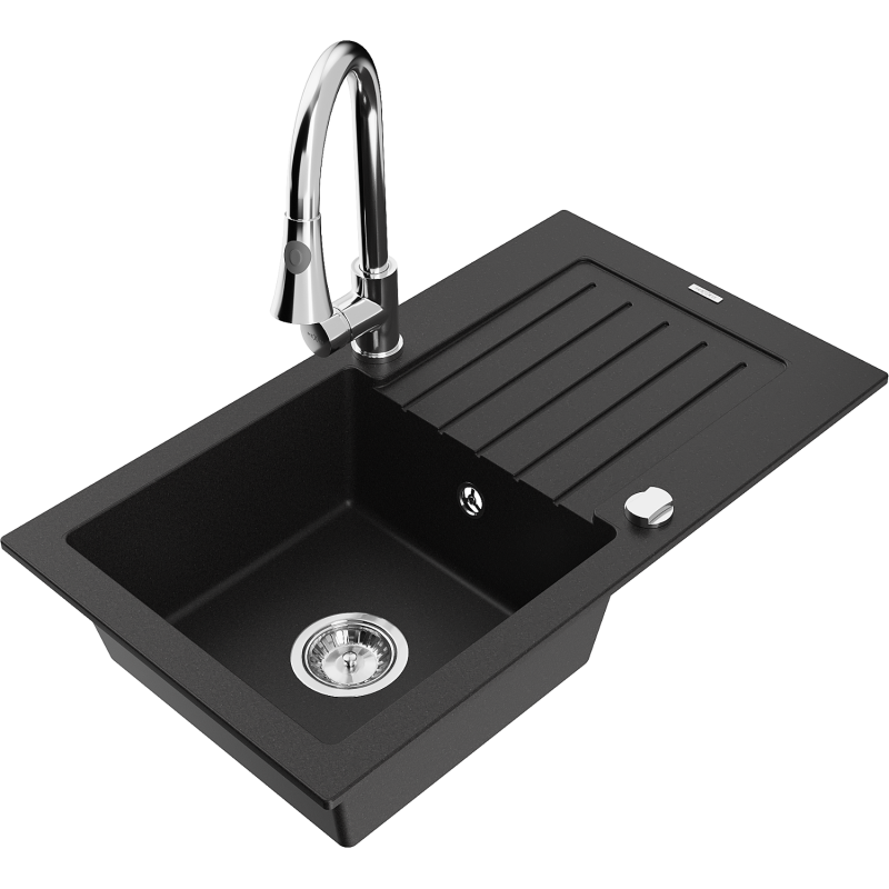 Mexen Pablo 1-bowl granite sink with drainer and Elia kitchen tap, black - 6510-77-670101-00