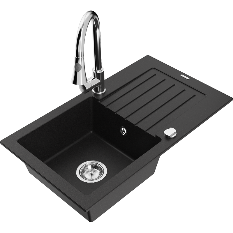 Mexen Pablo 1-compartment granite sink with a drip tray and kitchen mixer tap Elia, Black - 6510-77-670101-00
