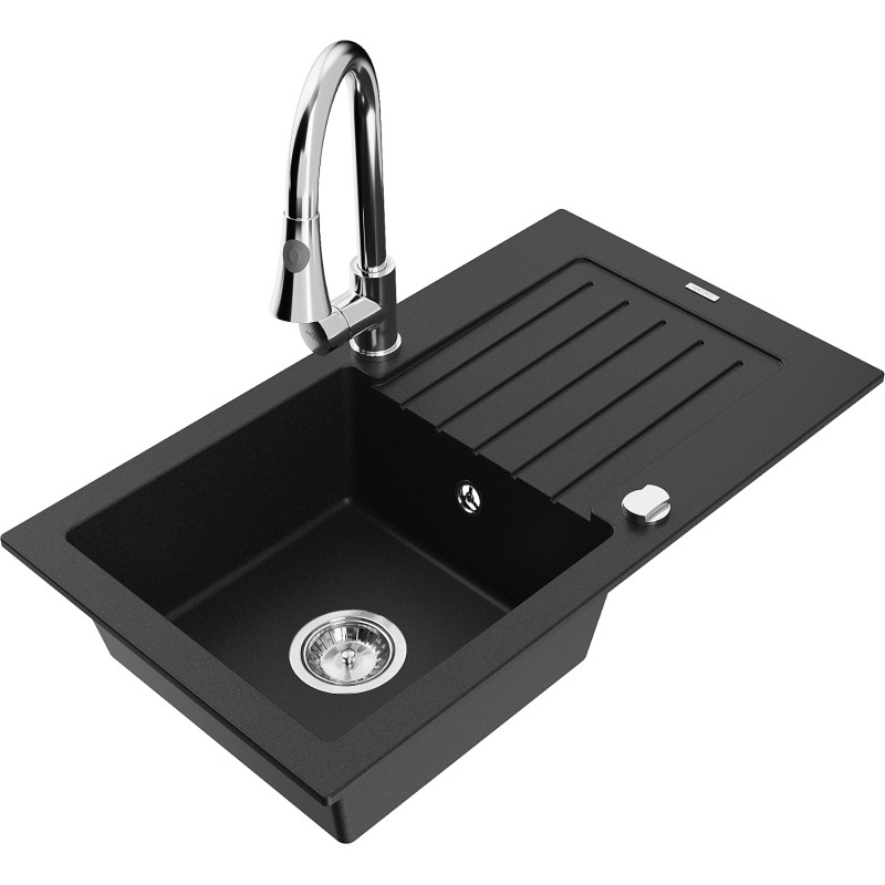 Mexen Pablo granite kitchen sink 1-bowl with drainer and Elia kitchen tap, black - 6510-77-670101-00