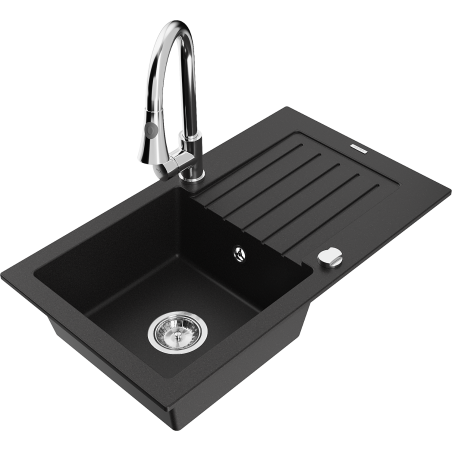 Mexen Pablo 1-bowl granite sink with drainer and Elia kitchen tap, black - 6510-77-670101-00