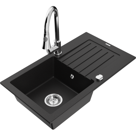 Mexen Pablo black granite kitchen sink 1-bowl with drainer and Elia faucet - 6510-77-670101-00