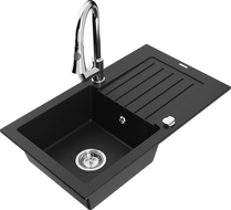 Mexen Pablo black granite kitchen sink 1-bowl with drainer and Elia faucet - 6510-77-670101-00
