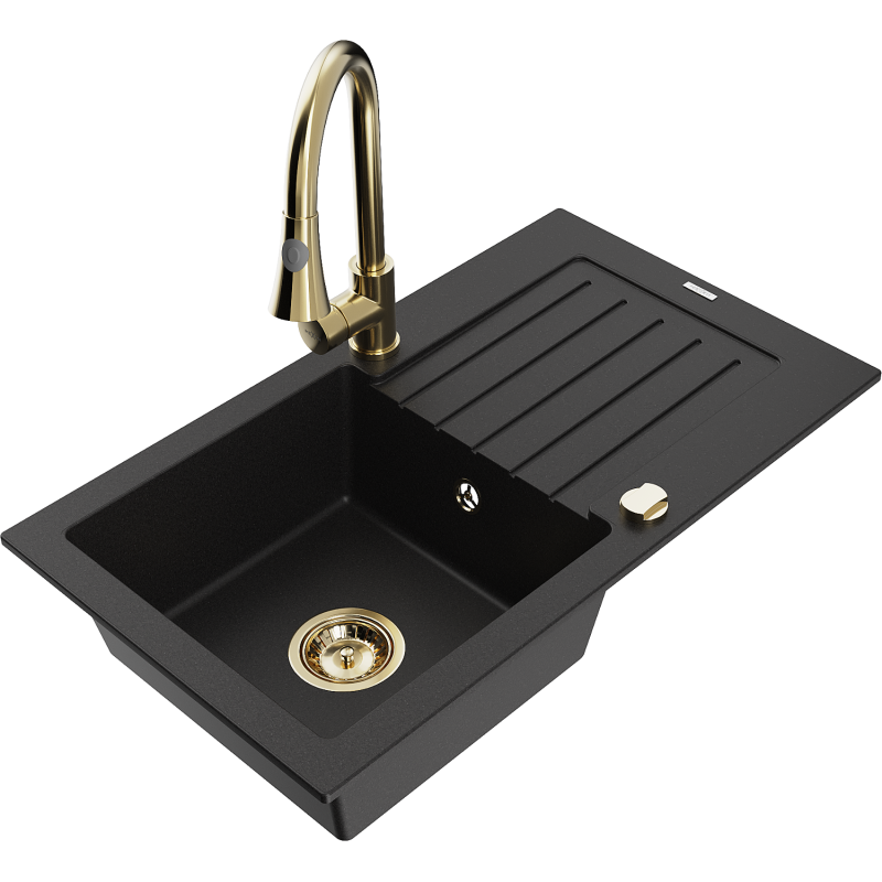 Mexen Pablo 1-bowl granite sink with drainer and Elia kitchen tap, black - 6510-77-670101-50