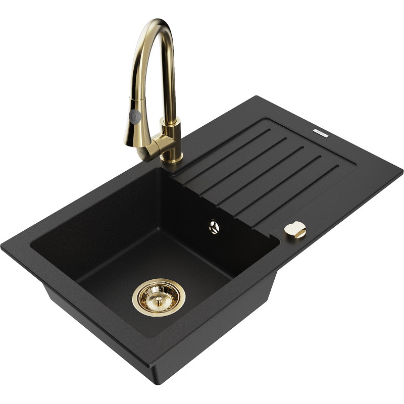 Mexen Pablo granite sink 1-bowl with drainer and Elia kitchen faucet, black - 6510-77-670101-50