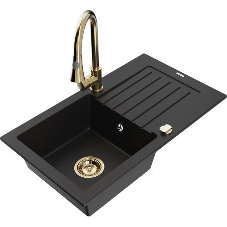 Mexen Pablo 1-bowl granite sink with drainer and Elia kitchen tap, black - 6510-77-670101-50