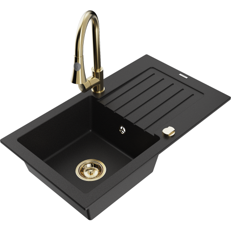 Mexen Pablo granite sink 1-bowl with drainer and Elia kitchen faucet, black - 6510-77-670101-50