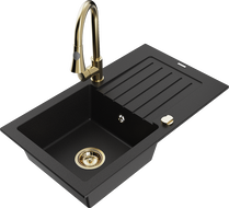 Mexen Pablo 1-bowl granite sink with drainer and Elia kitchen tap, black - 6510-77-670101-50