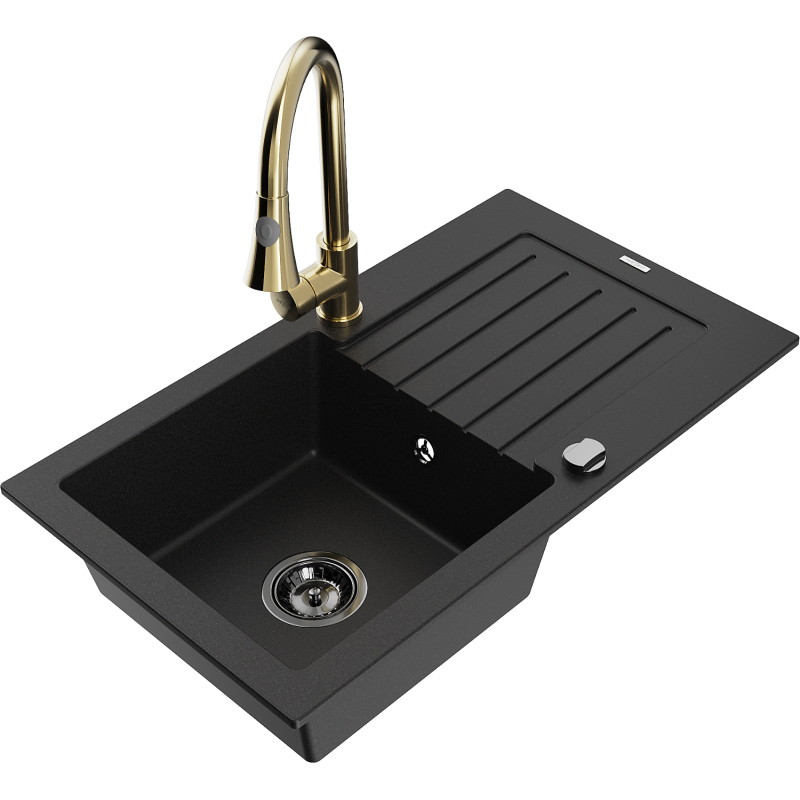 Mexen Pablo granite kitchen sink 1-bowl with drainer and kitchen faucet Elia, black - 6510-77-670101-50-B