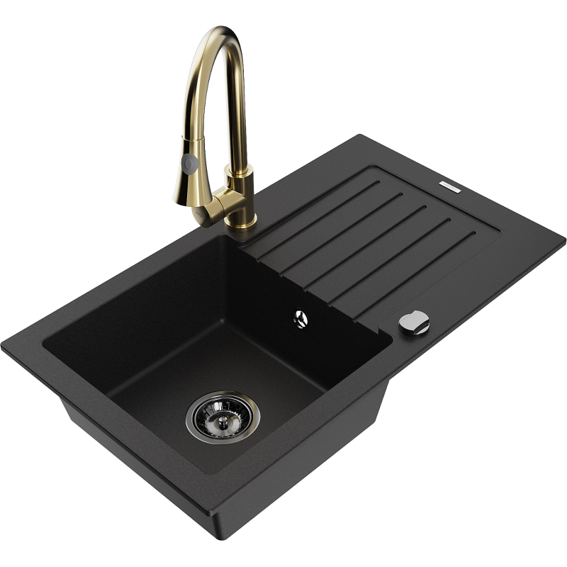 Mexen Pablo granite sink 1-bowl with drainer and Elia kitchen tap, black - 6510-77-670101-50-B