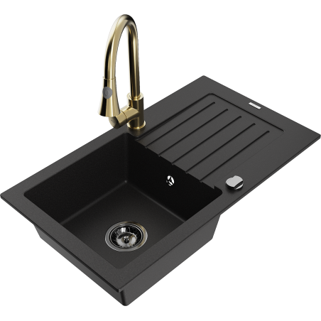 Mexen Pablo granite sink 1-bowl with drainer and Elia kitchen tap, black - 6510-77-670101-50-B