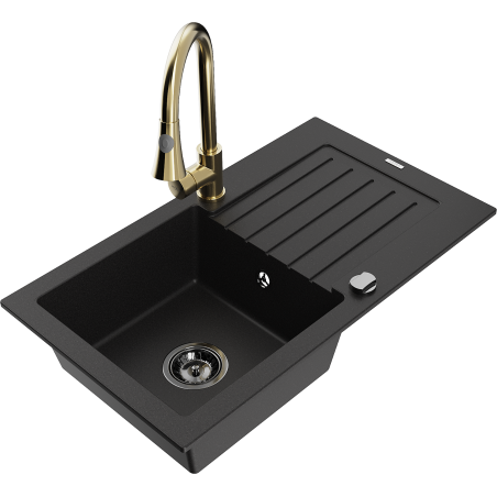 Mexen Pablo granite sink with 1 bowl, drainer, and Elia kitchen faucet, black - 6510-77-670101-50-B