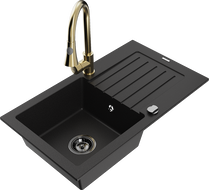 Mexen Pablo granite sink 1-bowl with drainer and Elia kitchen tap, black - 6510-77-670101-50-B
