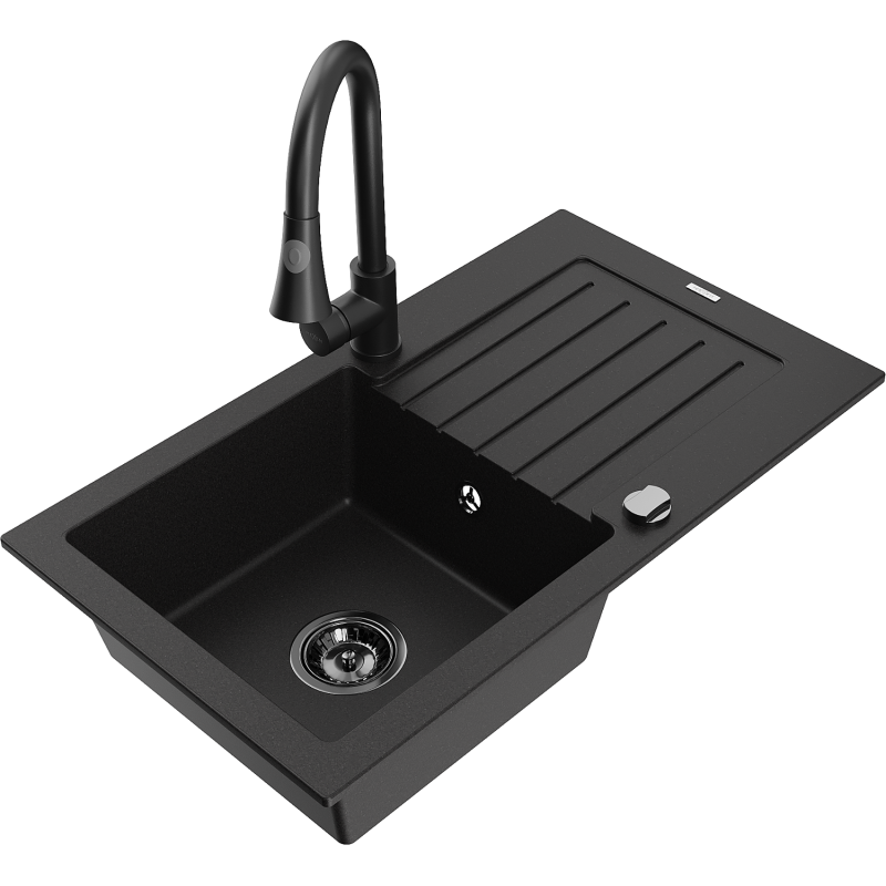 Mexen Pablo granite sink 1-bowl with drainer and Elia kitchen tap, black - 6510-77-670101-70-B