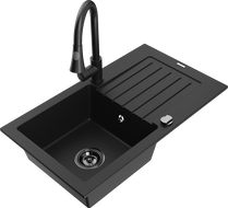 Mexen Pablo granite sink 1-bowl with drainer and Elia kitchen tap, black - 6510-77-670101-70-B