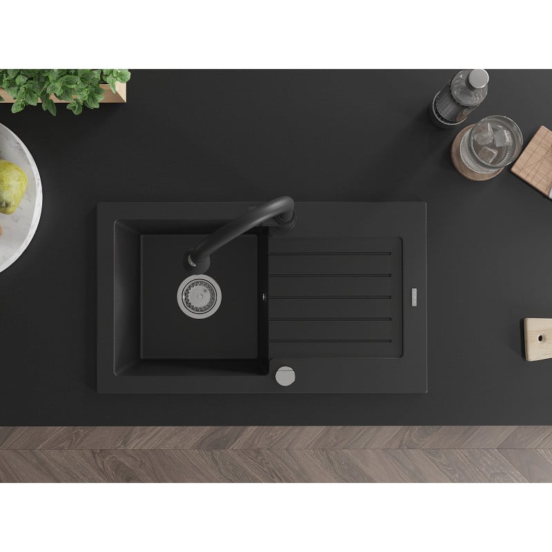 Mexen Pablo granite sink 1-bowl with drainer and Elia kitchen tap, black - 6510-77-670101-70