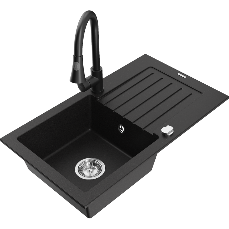 Mexen Pablo 1-compartment granite sink with a drip tray and kitchen mixer tap Elia, Black - 6510-77-670101-70