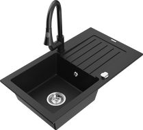 Mexen Pablo granite kitchen sink single bowl with drainer and kitchen faucet Elia, black - 6510-77-670101-70