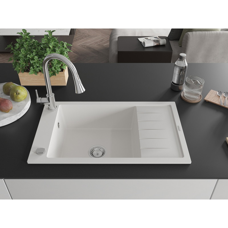 Mexen Elias 1-bowl granite sink with drainer and kitchen faucet Elia, white - 6511-20-670101-00