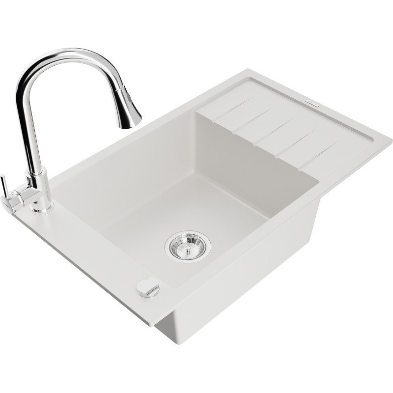 Mexen Elias granite kitchen sink 1-bowl with drainer and Elia kitchen faucet, white - 6511-20-670101-00