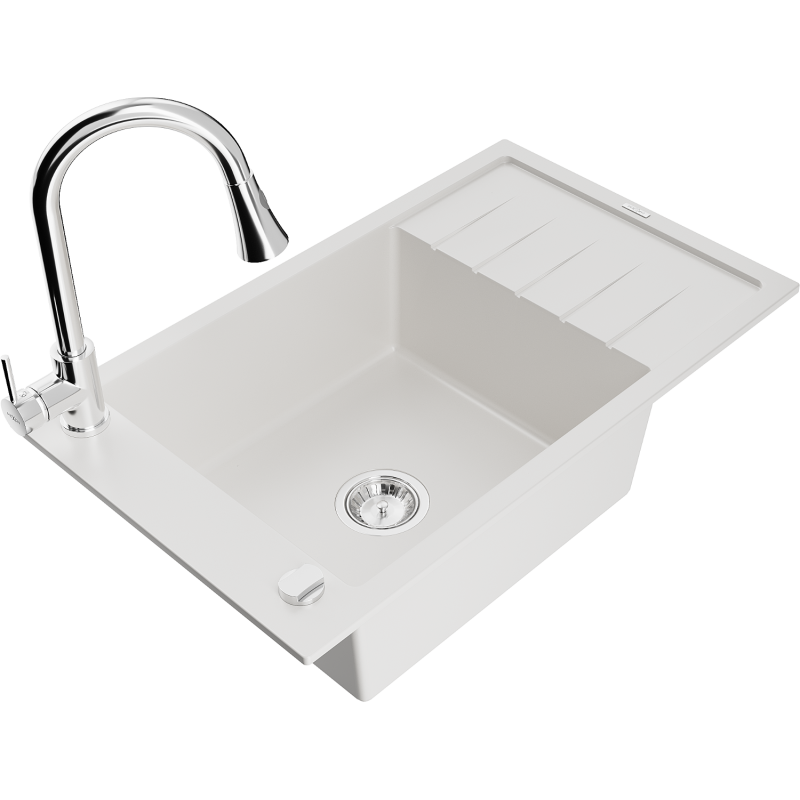 Mexen Elias single-bowl granite sink with drainer and Elia kitchen tap, white - 6511-20-670101-00
