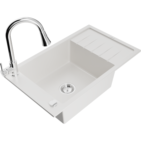 Mexen Elias 1-compartment granite sink with a drip tray and kitchen mixer tap Elia, White - 6511-20-670101-00
