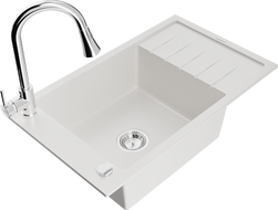 Mexen Elias 1-bowl granite sink with drainer and kitchen faucet Elia, white - 6511-20-670101-00