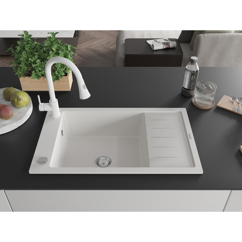 Mexen Elias 1-Bowl Granite Sink with Drainer and Kitchen Faucet Elia, White - 6511-20-670101-20