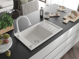 Mexen Elias 1-compartment granite sink with a drip tray and kitchen mixer tap Elia, White - 6511-20-670101-20