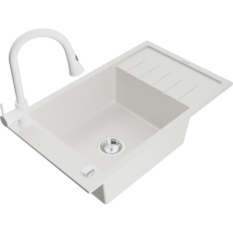 Mexen Elias 1-Bowl Granite Sink with Drainer and Kitchen Faucet Elia, White - 6511-20-670101-20