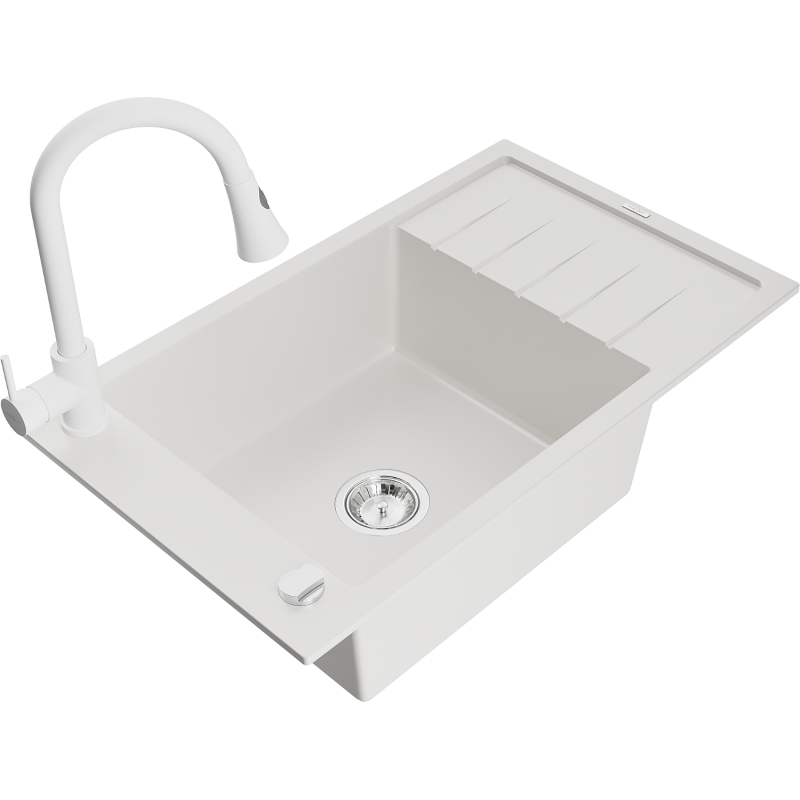 Mexen Elias granite sink 1-bowl with drainer and kitchen tap Elia, white - 6511-20-670101-20