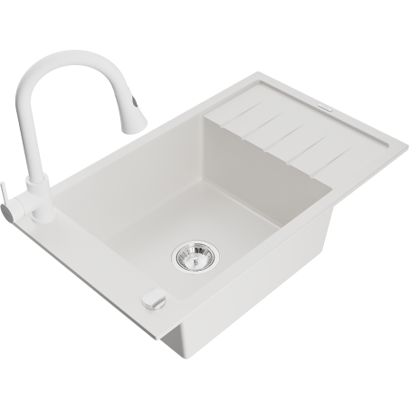 Mexen Elias 1-compartment granite sink with a drip tray and kitchen mixer tap Elia, White - 6511-20-670101-20