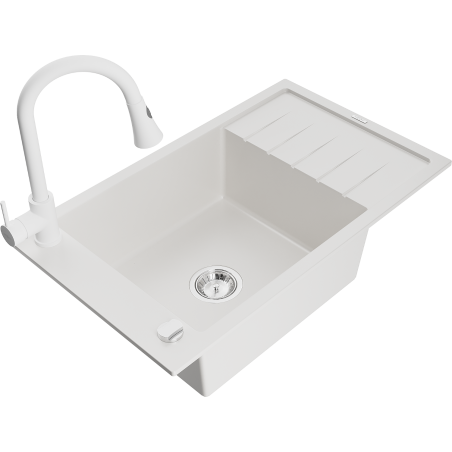 Mexen Elias granite sink 1-bowl with drainer and kitchen tap Elia, white - 6511-20-670101-20
