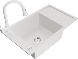 Mexen Elias 1-Bowl Granite Sink with Drainer and Kitchen Faucet Elia, White - 6511-20-670101-20