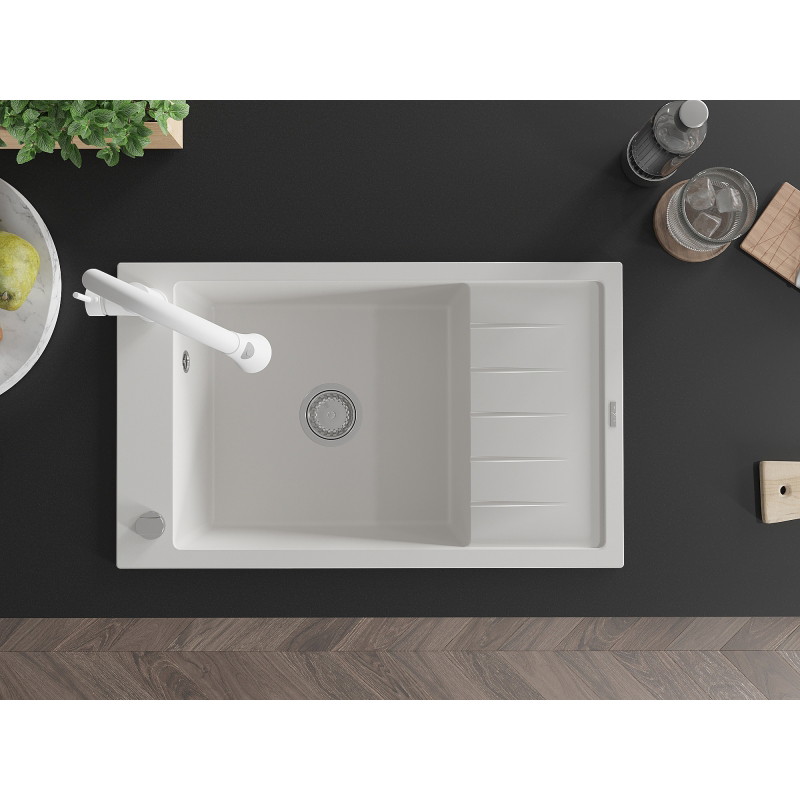 Mexen Elias 1-Bowl Granite Sink with Drainer and Kitchen Faucet Elia, White - 6511-20-670101-20