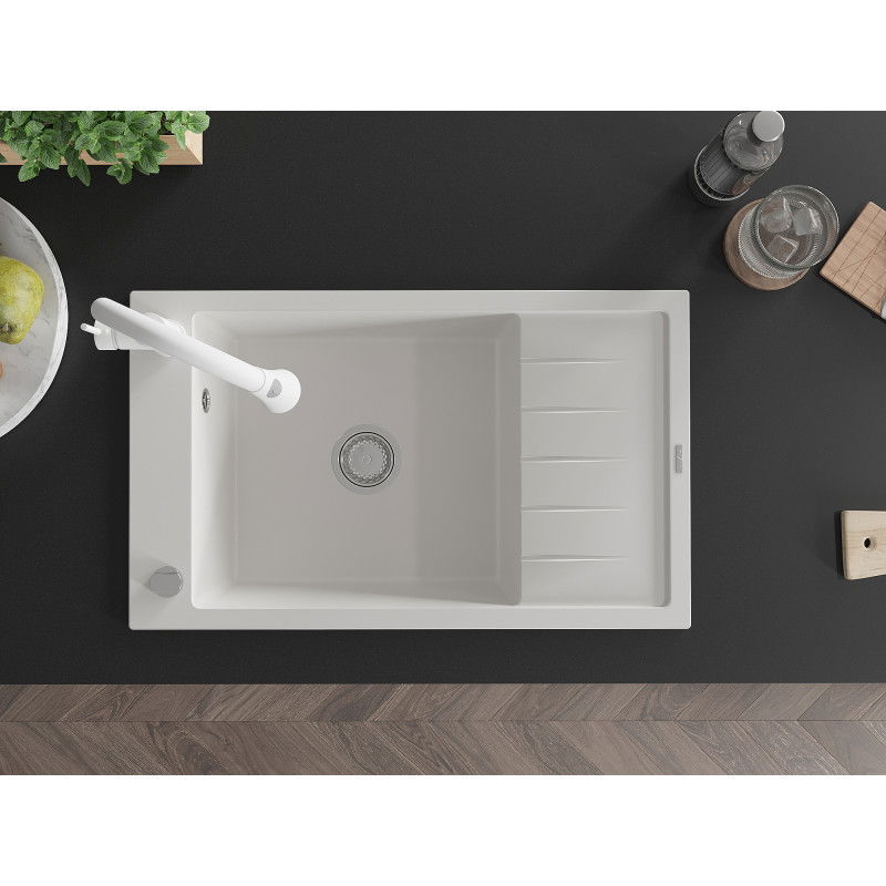 Mexen Elias granite sink 1-bowl with drainer and kitchen tap Elia, white - 6511-20-670101-20