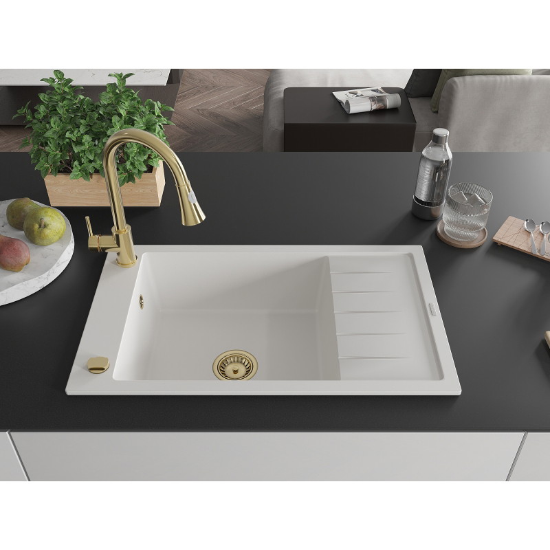 Mexen Elias granite sink 1-bowl with drainer and Elia kitchen faucet, white - 6511-20-670101-50