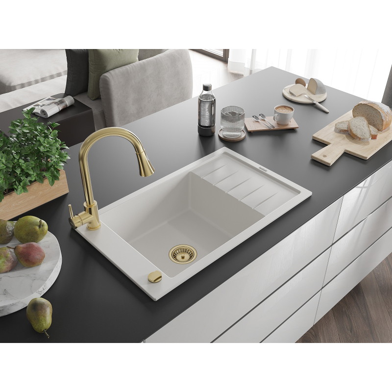 Mexen Elias granite sink 1-bowl with drainer and Elia kitchen faucet, white - 6511-20-670101-50